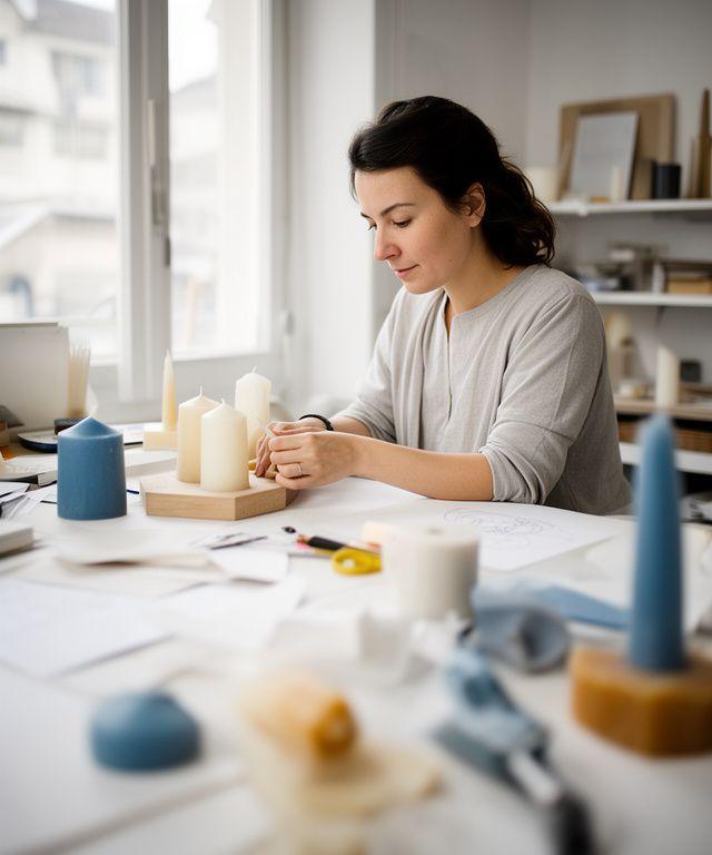 Anna Meier in einem Zürcher Atelier mit Skizzen und Kerzenmodellen auf einem hellen Arbeitstisch