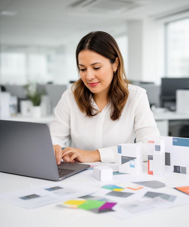 Sara Brunner im hellen Büro mit Produktmustern, Verpackungen und Laptop bei der Markenplanung