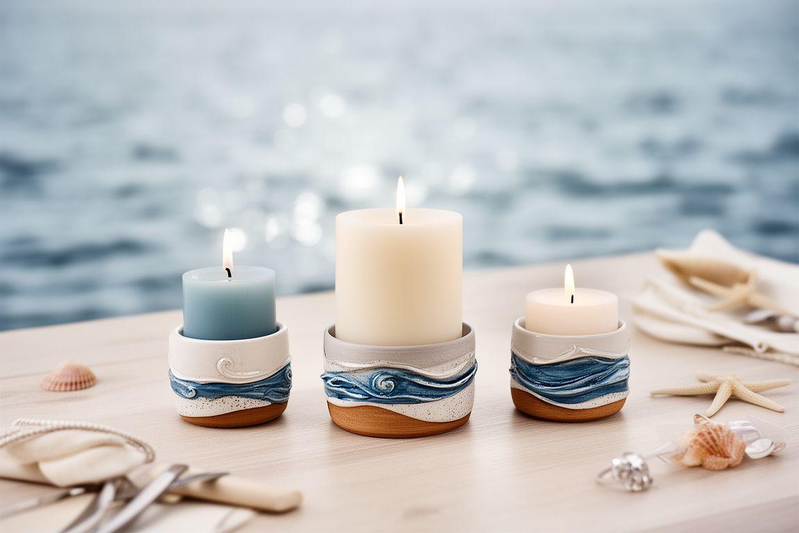 Maritime dekorative Kerzen und kunstvolle Halter auf einem hellen Holztisch mit sanftem Wasserlicht