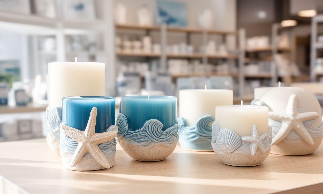 Maritime Dekorationskerzen und handgefertigte Halter in einem hellen Zürcher Showroom für Geschäftskunden
