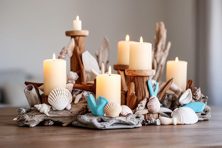 Verspieltes Arrangement aus Kerzenhaltern, Muscheln und Treibholz auf einem Tisch