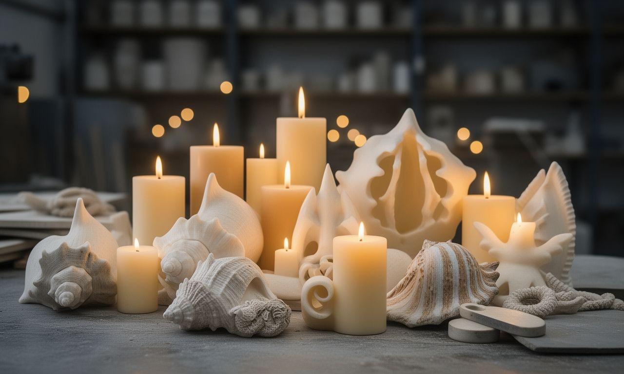 Maritime Kerzenkollektion mit Muschelformen und sanftem Licht in einem Zürcher Atelier