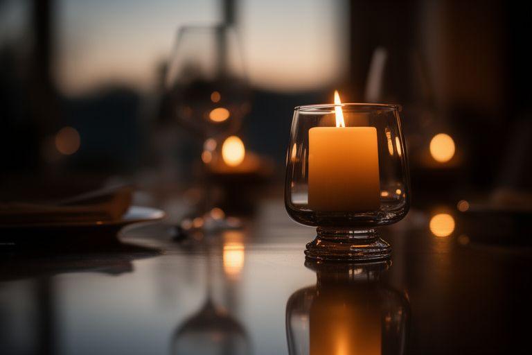 Candle holder im Abendlicht mit spiegelnden Reflexen auf einer ruhigen Tischszene