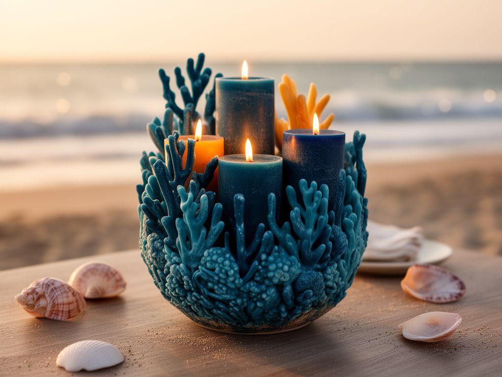 Vase voller maritimer Dekorationskerzen auf einem Strandtisch mit warmem Licht und ruhiger Küstenstimmung